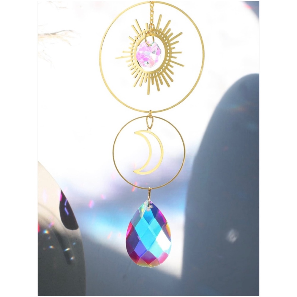 Boho Sun Moon Gold Tone Crystal Ceiling Wall Wall Decor - Picture 5 of 6